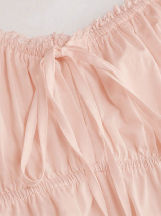 Cotton-blend Square Neck Puff Sleeve Drawstring Ruffle Hem Oversized Babydoll Mini Dress