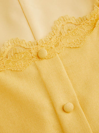 Linen-blend Square Neck Lace Trim Button Through A-line Mini Dress