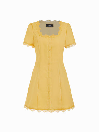 Linen-blend Square Neck Lace Trim Button Through A-line Mini Dress