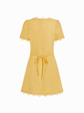 Linen-blend Square Neck Lace Trim Button Through A-line Mini Dress