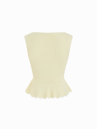 Knit Boat Neck Colorblock Ruffled Hem Metal Button Vest