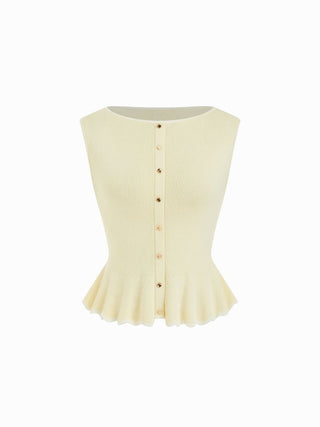 Knit Boat Neck Colorblock Ruffled Hem Metal Button Vest