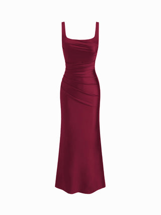 Satin Sculptural Square Neck Ruched Mermaid Maxi Dress