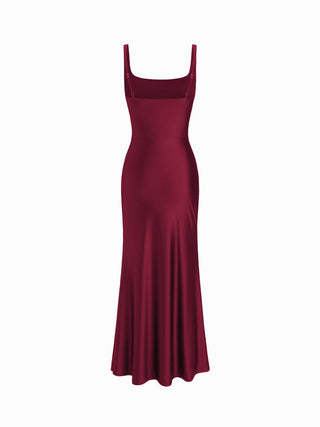 Satin Sculptural Square Neck Ruched Mermaid Maxi Dress