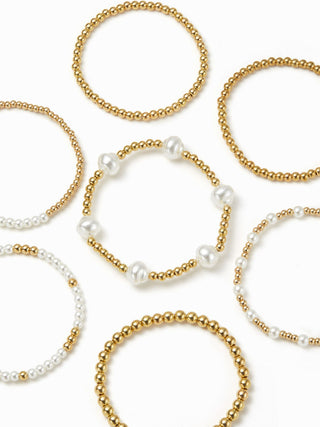 7PCS FAUX PEARL & BEADED BRACELET SET