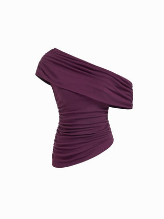 Asymmetrical Neck Ruched Top & Mid Rise Wide Leg Trousers Set