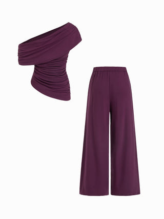 Asymmetrical Neck Ruched Top & Mid Rise Wide Leg Trousers Set