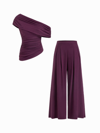Asymmetrical Neck Ruched Top & Mid Rise Wide Leg Trousers Set