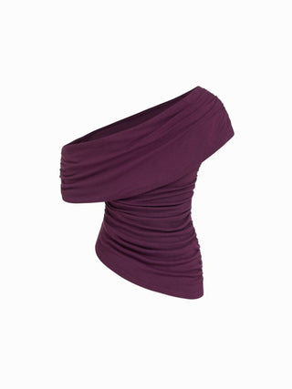 Asymmetrical Neck Ruched Top & Mid Rise Wide Leg Trousers Set