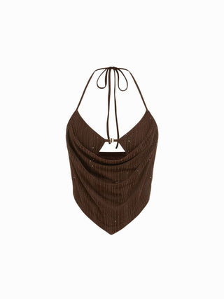 Metallic Textured Sweetheart Halter Neck Cowl Metal Detail Crop Cami Top