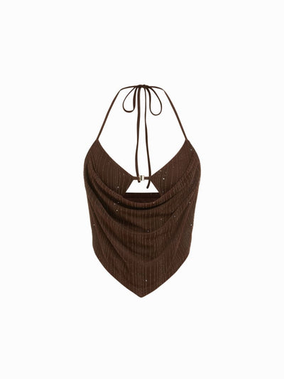 Metallic Textured Sweetheart Halter Neck Cowl Metal Detail Crop Cami Top