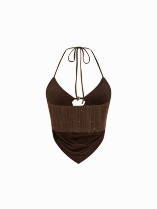 Metallic Textured Sweetheart Halter Neck Cowl Metal Detail Crop Cami Top