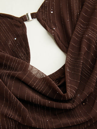Metallic Textured Sweetheart Halter Neck Cowl Metal Detail Crop Cami Top