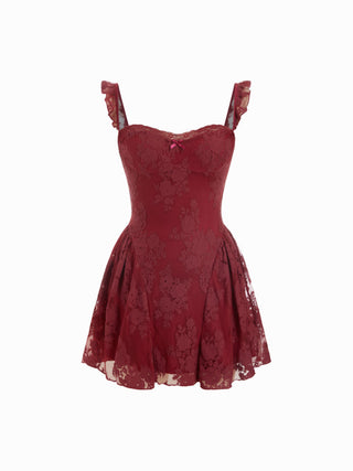 Cotton-blend Lace Sweetheart Neck Ruffled Bowknot A-line Mini Dress