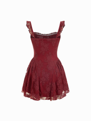 Cotton-blend Lace Sweetheart Neck Ruffled Bowknot A-line Mini Dress
