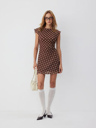 Mesh Polka Dot Short Sleeve Ruched A-line Mini Dress