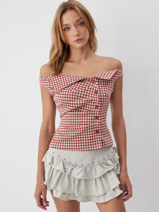 Jacquard Gingham Off-shoulder Asymmetrical Ruched Blouse