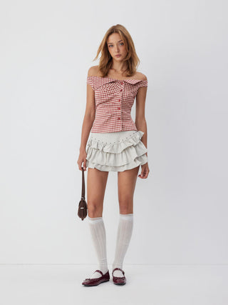 Jacquard Gingham Off-shoulder Asymmetrical Ruched Blouse