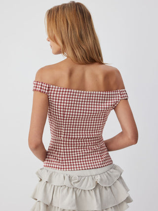 Jacquard Gingham Off-shoulder Asymmetrical Ruched Blouse