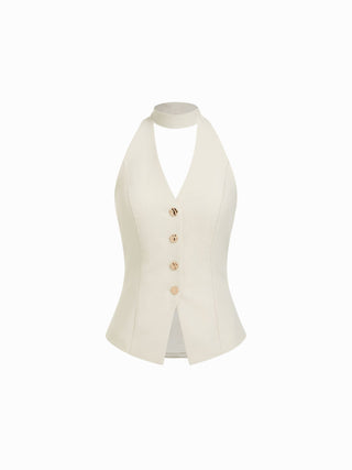 Woven Halter Neck Metal Detail Blazer Vest For Daily Casual Work