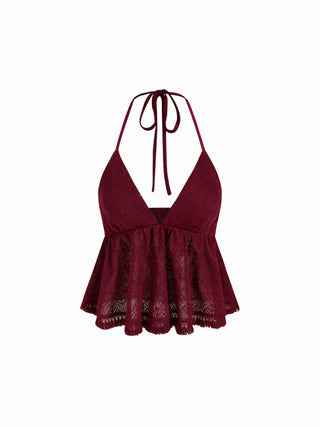 Pointelle V-Neck Halter Ruffle Hem Cami Top