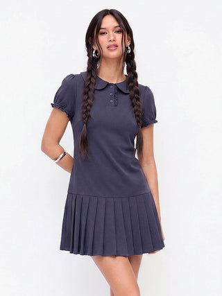 Cotton-blend Polo Peter Pan Collar Puff Sleeve Ruffled Pleated Shirt Mini Dress