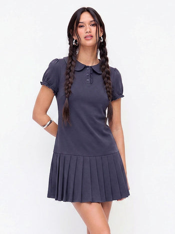 Cotton-blend Polo Peter Pan Collar Puff Sleeve Ruffled Pleated Shirt Mini Dress