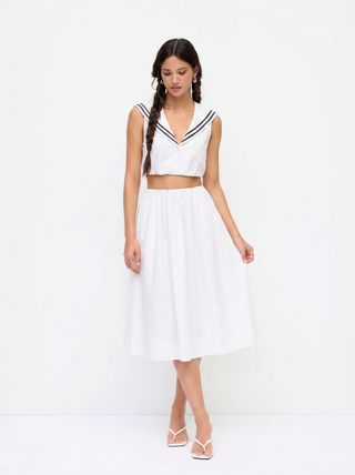 Cotton-blend V-neck Top & Mid Rise Ruched Flared Maxi Skirt Set