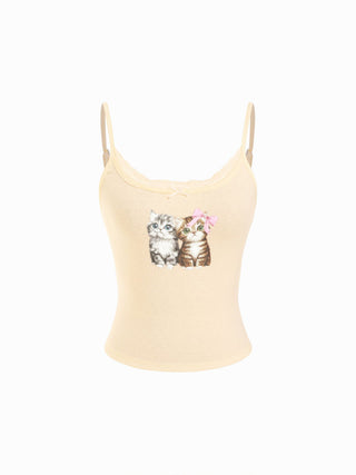 Pointelle Cat Graphic U-neckline Lace Trim Bowknot Cami Top
