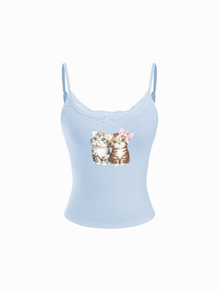 Pointelle Cat Graphic U-neckline Lace Trim Bowknot Cami Top