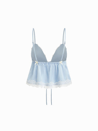 Satin V-Neck Lace Trim Tie Front Ruched Crop Cami Top