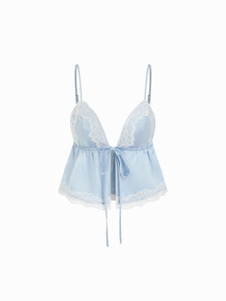Satin V-Neck Lace Trim Tie Front Ruched Crop Cami Top