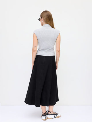 Stretch Denim High Rise Washed Pleated A-line Flare Midi Skirt