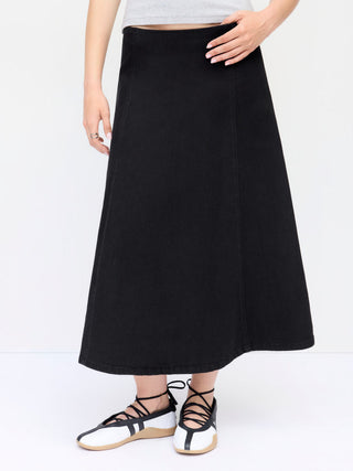 Stretch Denim High Rise Washed Pleated A-line Flare Midi Skirt