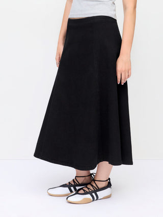 Stretch Denim High Rise Washed Pleated A-line Flare Midi Skirt