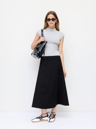 Stretch Denim High Rise Washed Pleated A-line Flare Midi Skirt