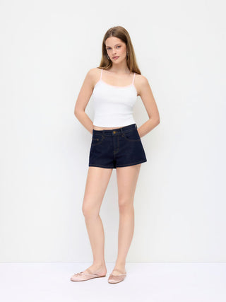 Denim Mid Rise Washed Metal Detail Riding Shorts