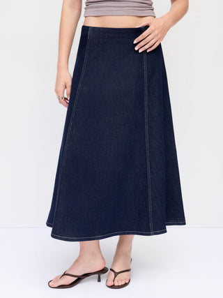 Stretch Denim High Rise Washed Pleated A-line Flare Midi Skirt