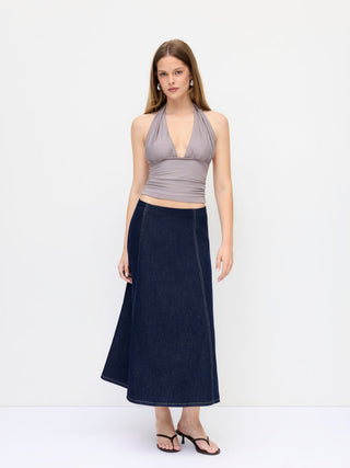 Stretch Denim High Rise Washed Pleated A-line Flare Midi Skirt
