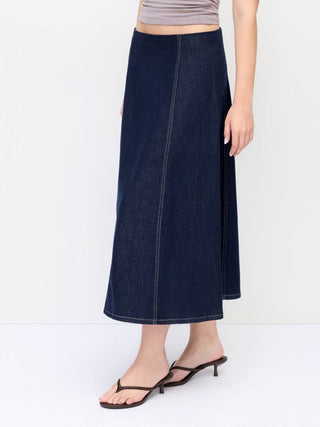 Stretch Denim High Rise Washed Pleated A-line Flare Midi Skirt