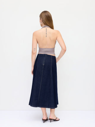Stretch Denim High Rise Washed Pleated A-line Flare Midi Skirt