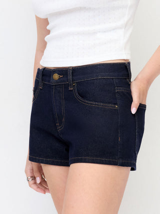 Denim Mid Rise Washed Metal Detail Riding Shorts