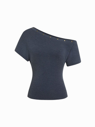 Textured Asymmetrical Neck Short Sleeve Metal Detail Top