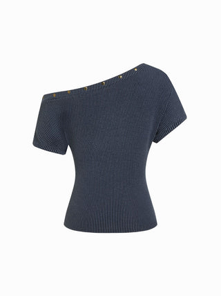Textured Asymmetrical Neck Short Sleeve Metal Detail Top