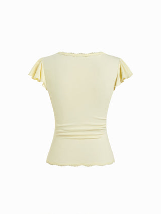 V-neck Ruffle Sleeve Lace Trim Drawstring Ruched Top