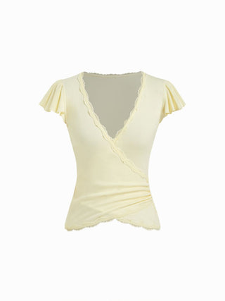 V-neck Ruffle Sleeve Lace Trim Drawstring Ruched Top