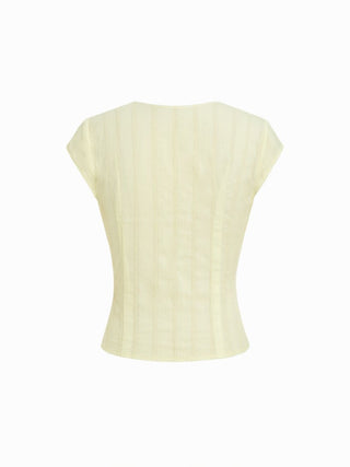 Textured V-neck Short Sleeve Lace Trim Pearl Button Blouse