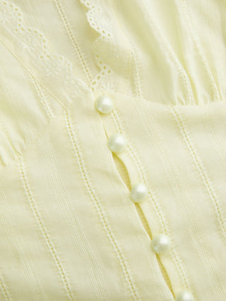Textured V-neck Short Sleeve Lace Trim Pearl Button Blouse