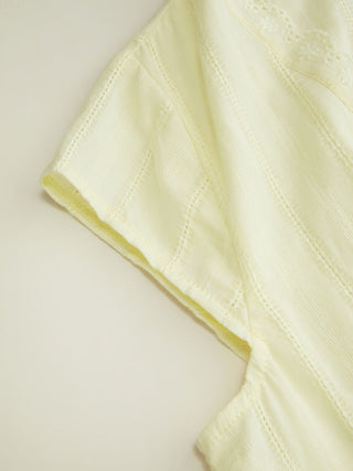 Textured V-neck Short Sleeve Lace Trim Pearl Button Blouse
