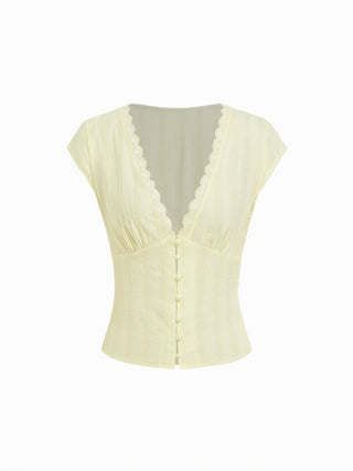 Textured V-neck Short Sleeve Lace Trim Pearl Button Blouse